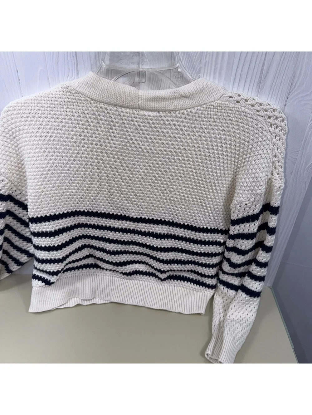 Gap Kids Girls L 10 Cream Navy Striped Open Knit Button Cardigan